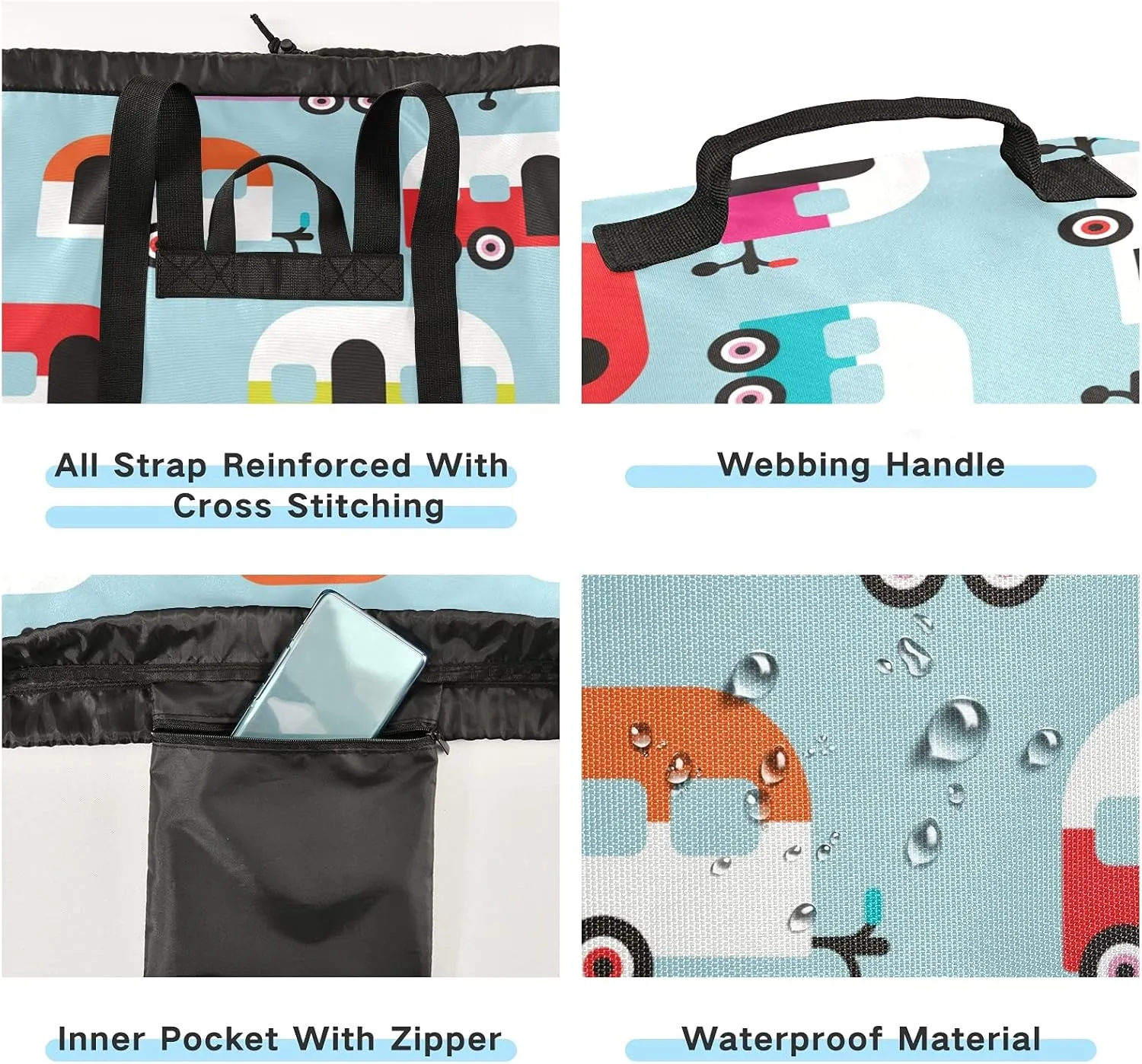 Happy Camper Caravan Laundry Backpack Bag with Drawstring Closure Waterproof Laundry Bag Laundry Hamper Clothes Storage for College Travel Laundromat Apartment