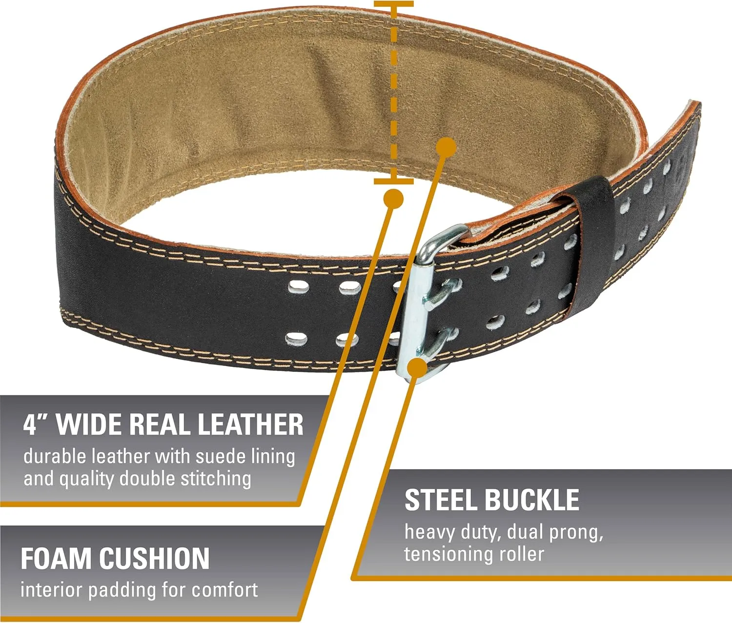 Harbinger Padded Leather Contoured Weightlifting Belt - 4" or 6” Width - Interior Suede Lining & Foam Cushioning - Heavy-Duty Dual Prong Steel Roller Buckle - for Lifting Support