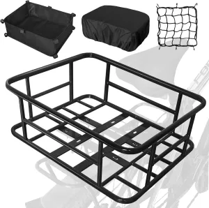 Heavy Duty Rear Rack Bike Basket with Cargo Net, Rainproof Cover, Thickened Liner, Fits Most Bikes and E-Bikes