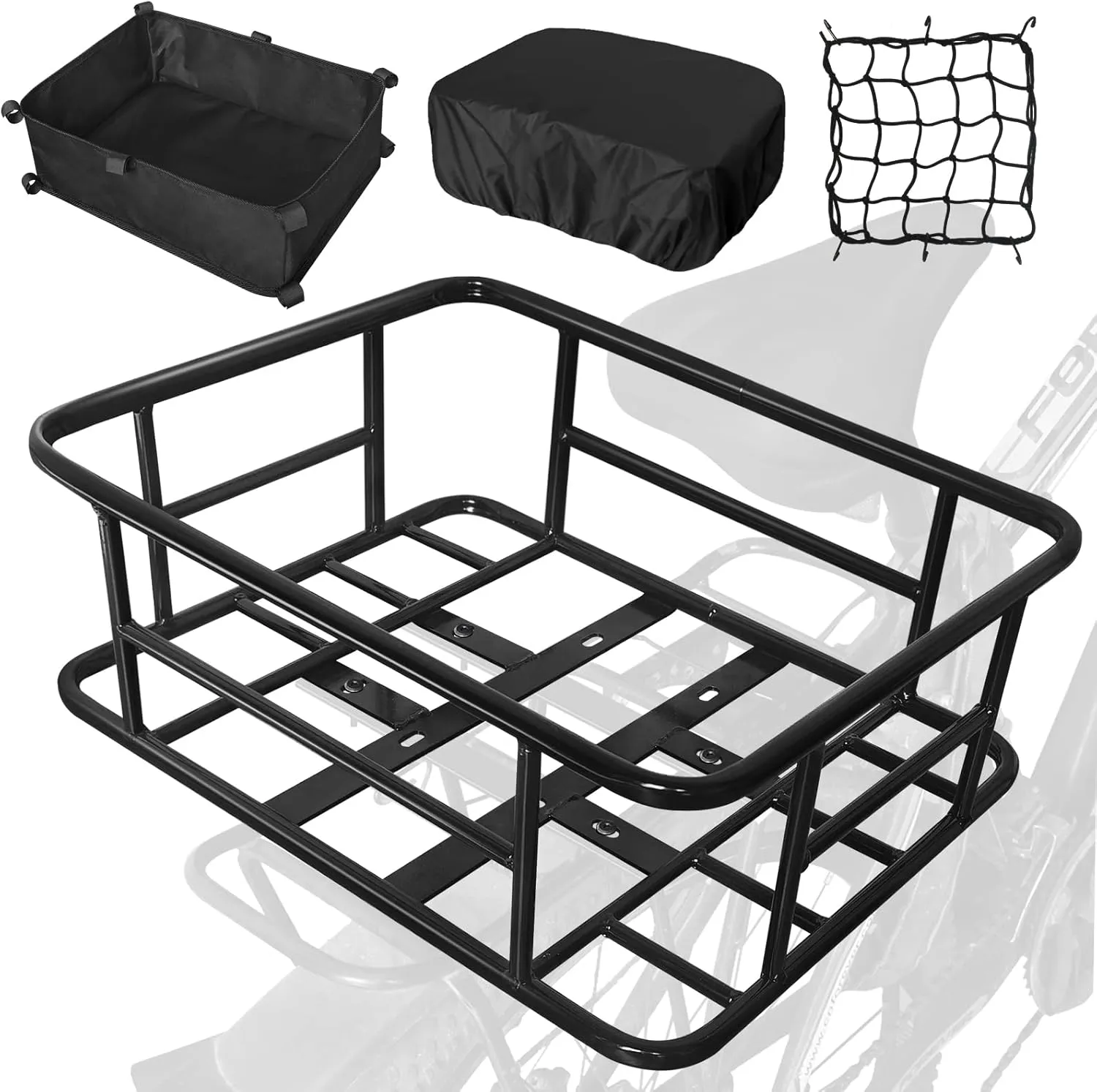 Heavy Duty Rear Rack Bike Basket with Cargo Net, Rainproof Cover, Thickened Liner, Fits Most Bikes and E-Bikes
