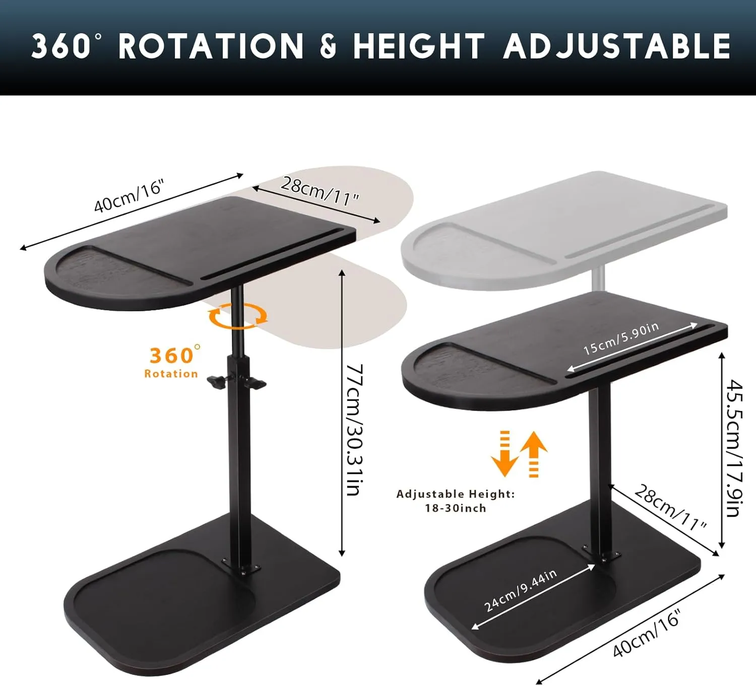 Height Adjustable Sofa Table-360°Rotation & Phone/Tablet Slot-Side Table,TV Tray Table for Living Room,Office,Bedroom Space Saving Perfect for Laptops,Phones,Snack (Black)