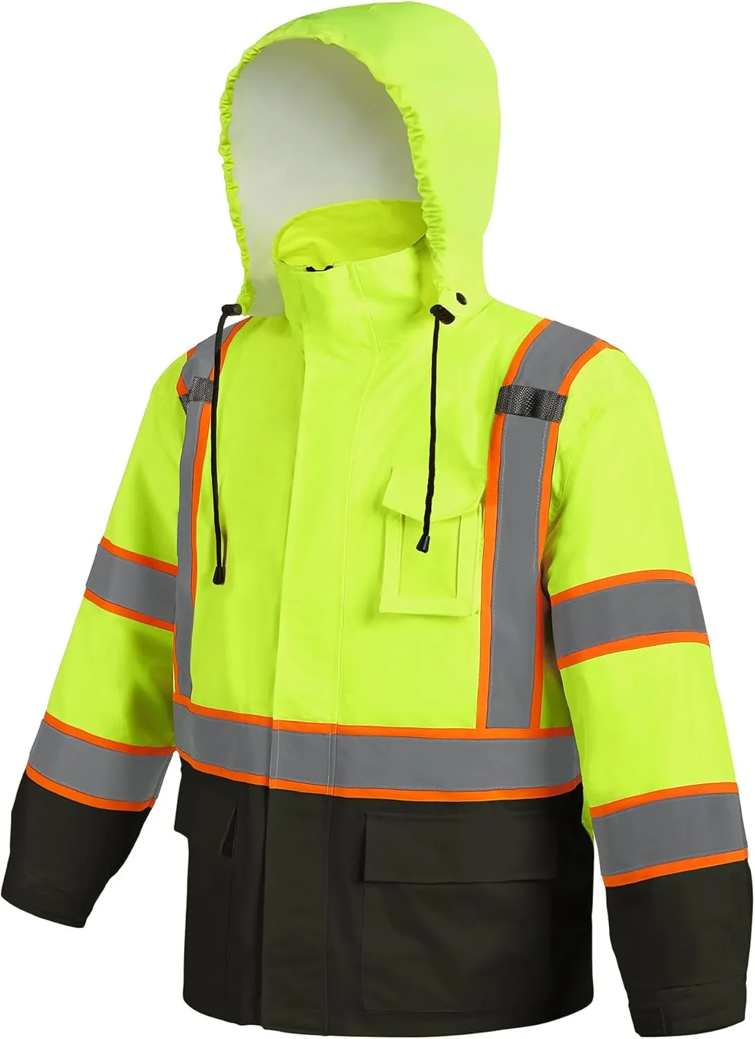 Hi Vis Safety Rain Jacket for Men Women Waterproof Breathable Rain Gears with Mesh Lining Black Bottom Lightweight Work Jacket (L/XL)