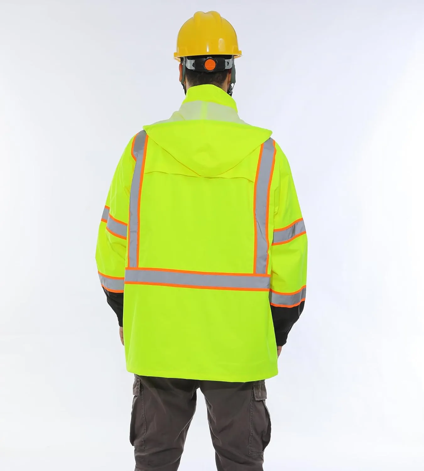 Hi Vis Safety Rain Jacket for Men Women Waterproof Breathable Rain Gears with Mesh Lining Black Bottom Lightweight Work Jacket (L/XL)