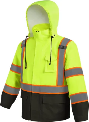 Hi Vis Safety Rain Jacket for Men Women Waterproof Breathable Rain Gears with Mesh Lining Black Bottom Lightweight Work Jacket (S/M)