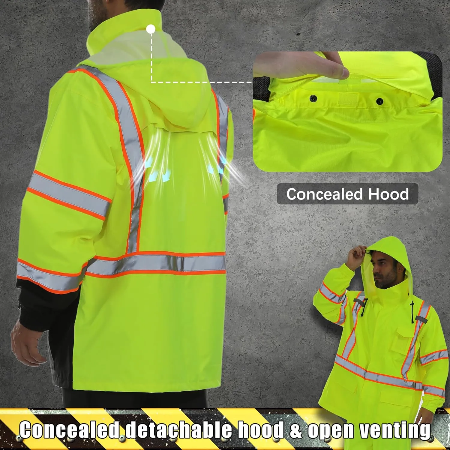 Hi Vis Safety Rain Jacket for Men Women Waterproof Breathable Rain Gears with Mesh Lining Black Bottom Lightweight Work Jacket (S/M)