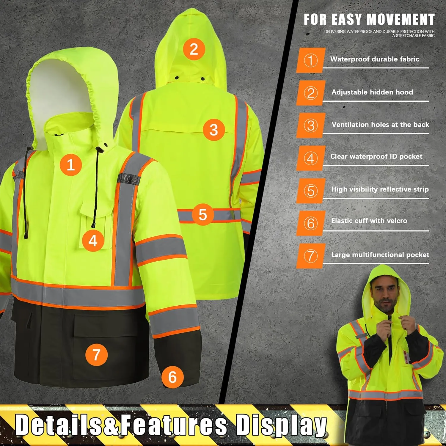 Hi Vis Safety Rain Jacket for Men Women Waterproof Breathable Rain Gears with Mesh Lining Black Bottom Lightweight Work Jacket (S/M)