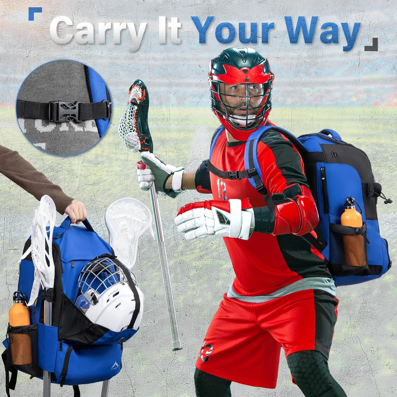 Himal Outdoors Lacrosse Bag with Helmet Storage- Premium Lacrosse Backpack with Two Stick Holder- Extra Large Separate Shoe Compartment-Zipper Pocket & Towel Ring and Padded Shoulder Straps
