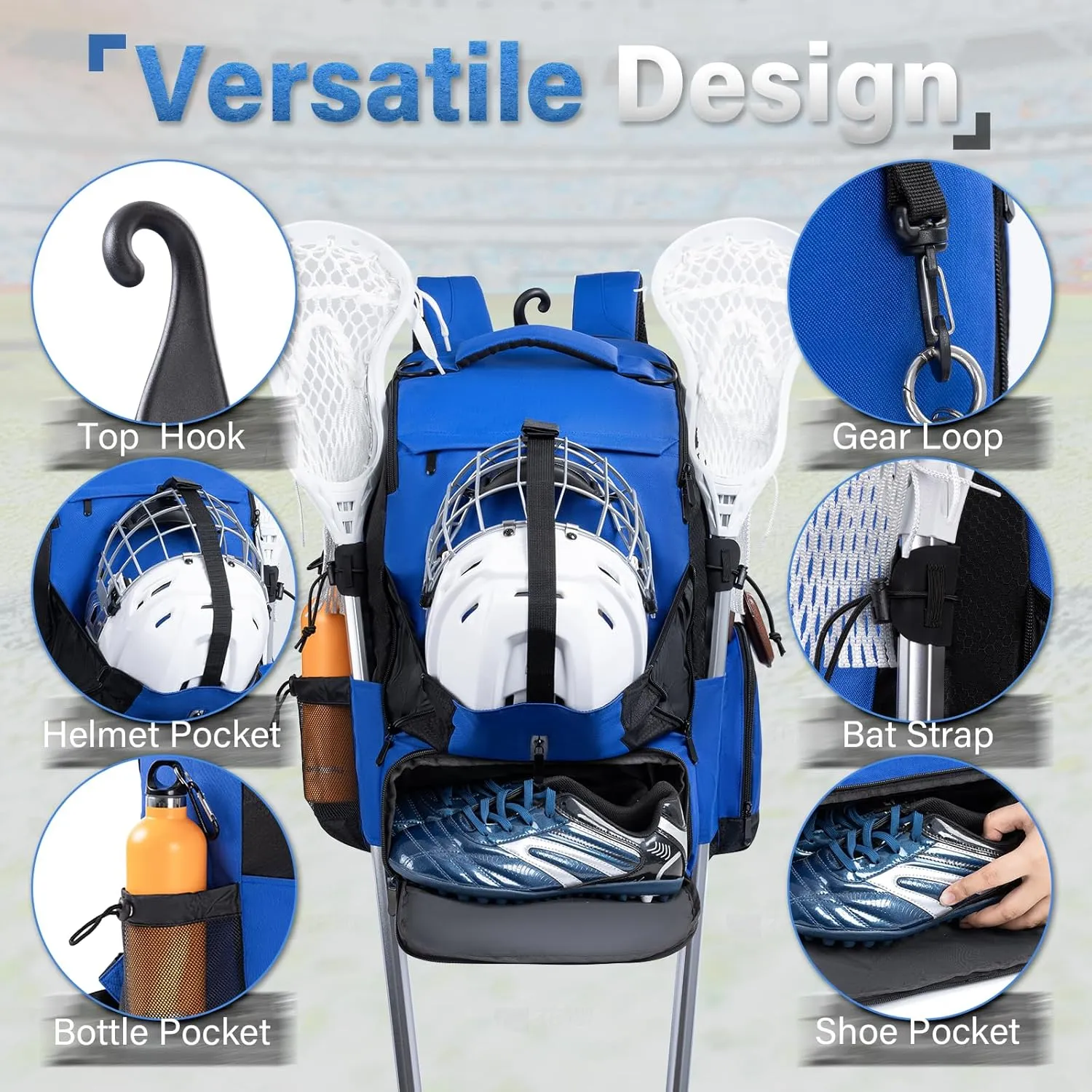 Himal Outdoors Lacrosse Bag with Helmet Storage- Premium Lacrosse Backpack with Two Stick Holder- Extra Large Separate Shoe Compartment-Zipper Pocket & Towel Ring and Padded Shoulder Straps