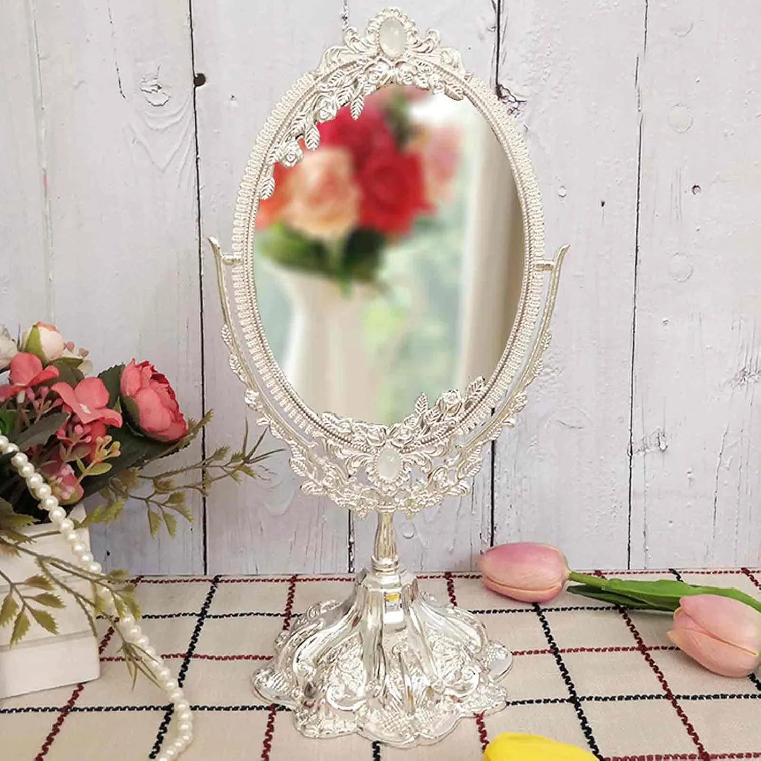 Hollywood Vanity Mirror, Table Mirror with Stand, European Retro Princess Mirror, Makeup Mirror, High-Definition Double-Sided, 360-degree Rotation Angle Adjustable