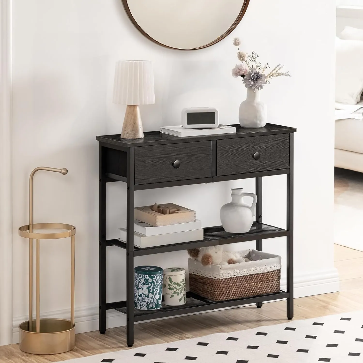 HOOBRO 29.5" Narrow Console Table with 2 Fabric Drawers, Small Entryway Table with 3-Tier Storage Shelves, Thin Sofa Table, Side Table, for Living Room, Hallway, Black BB72XG01