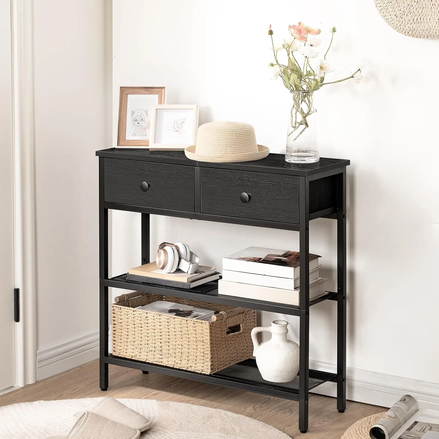HOOBRO 29.5" Narrow Console Table with 2 Fabric Drawers, Small Entryway Table with 3-Tier Storage Shelves, Thin Sofa Table, Side Table, for Living Room, Hallway, Black BB72XG01