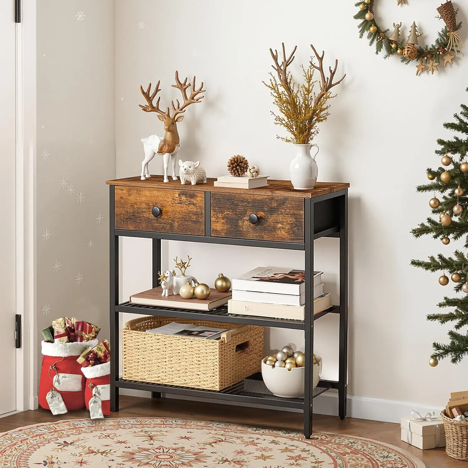 HOOBRO 29.5" Narrow Console Table with 2 Fabric Drawers, Small Entryway Table with 3-Tier Storage Shelves, Thin Sofa Table, Side Table, for Living Room, Hallway, Rustic Brown and Black BF72XG01