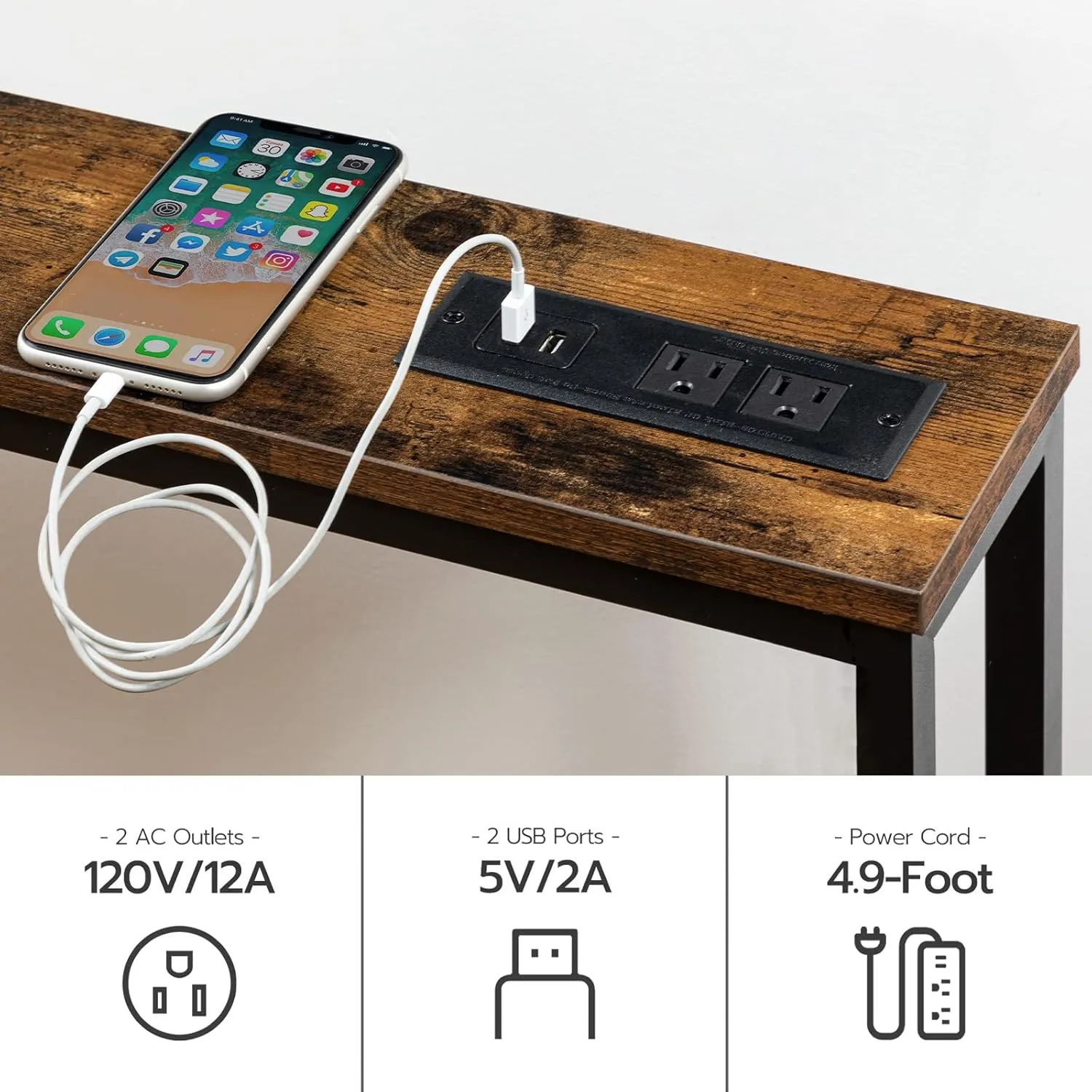 HOOBRO 47.2" Skinny Console Table with Power Outlets and USB Ports, Table with Charging Station, Narrow Sofa Table, Behind Couch Table, for Entryway, Hallway, Foyer, Rustic Brown BF15XG01G1