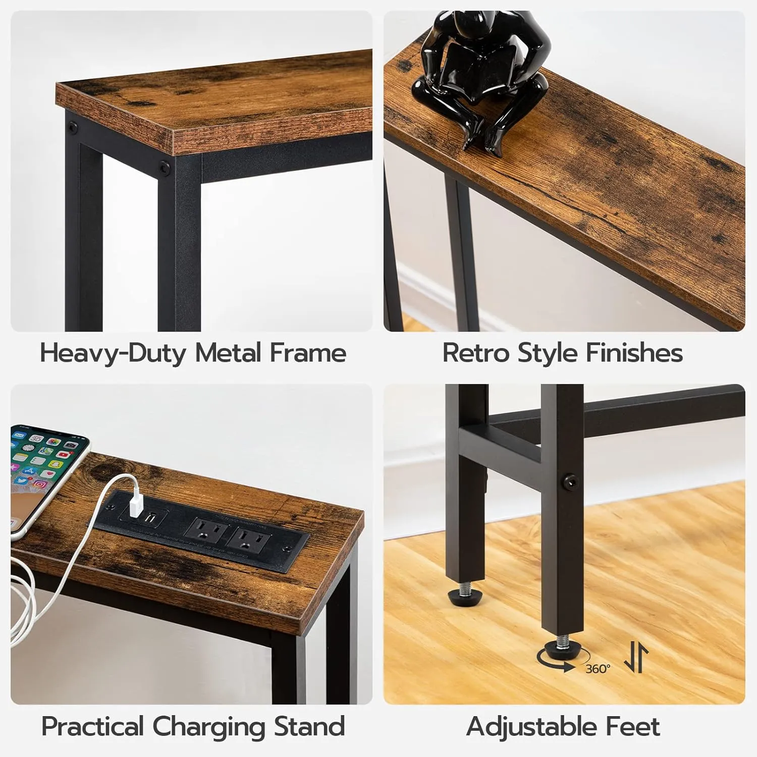 HOOBRO 47.2" Skinny Console Table with Power Outlets and USB Ports, Table with Charging Station, Narrow Sofa Table, Behind Couch Table, for Entryway, Hallway, Foyer, Rustic Brown BF15XG01G1