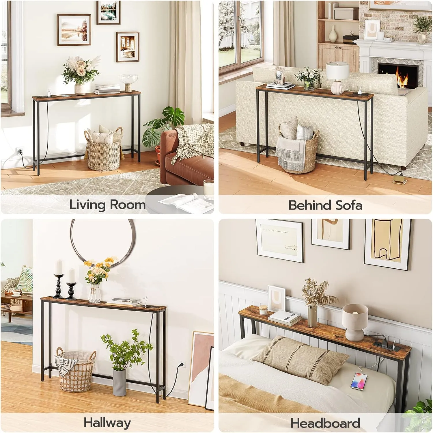 HOOBRO 47.2" Skinny Console Table with Power Outlets and USB Ports, Table with Charging Station, Narrow Sofa Table, Behind Couch Table, for Entryway, Hallway, Foyer, Rustic Brown BF15XG01G1