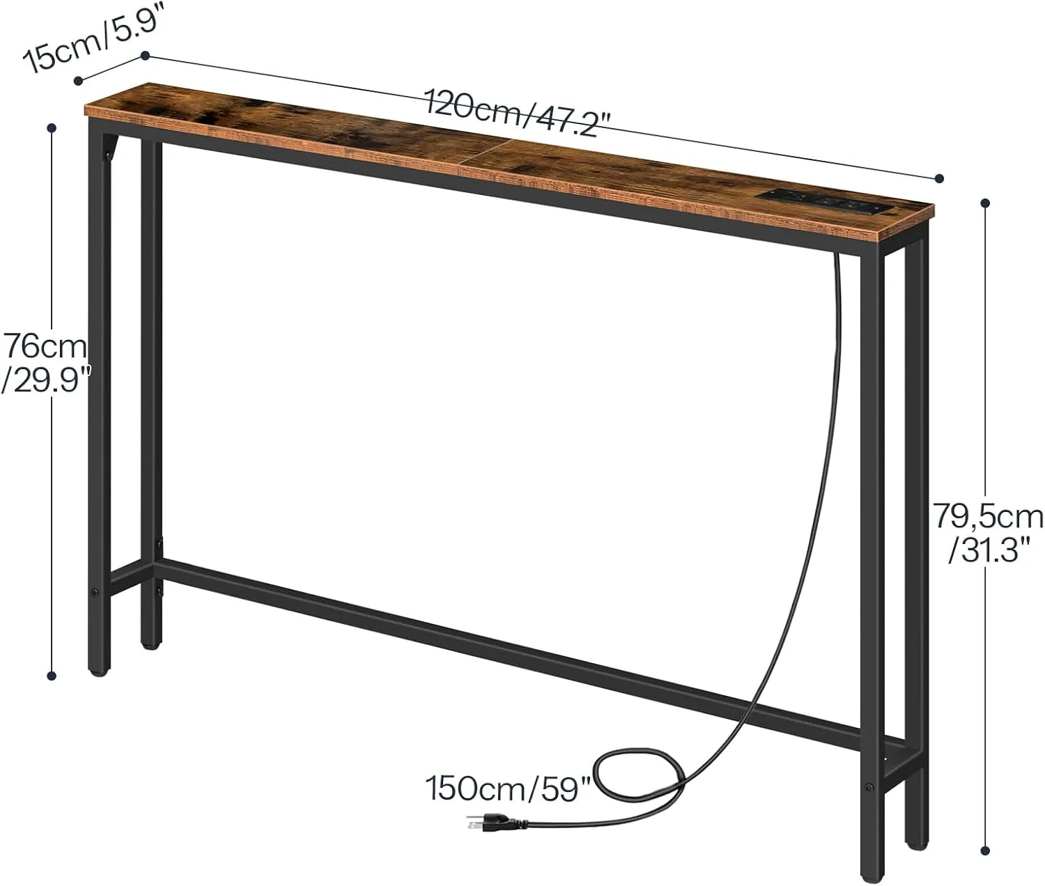 HOOBRO 47.2" Skinny Console Table with Power Outlets and USB Ports, Table with Charging Station, Narrow Sofa Table, Behind Couch Table, for Entryway, Hallway, Foyer, Rustic Brown BF15XG01G1