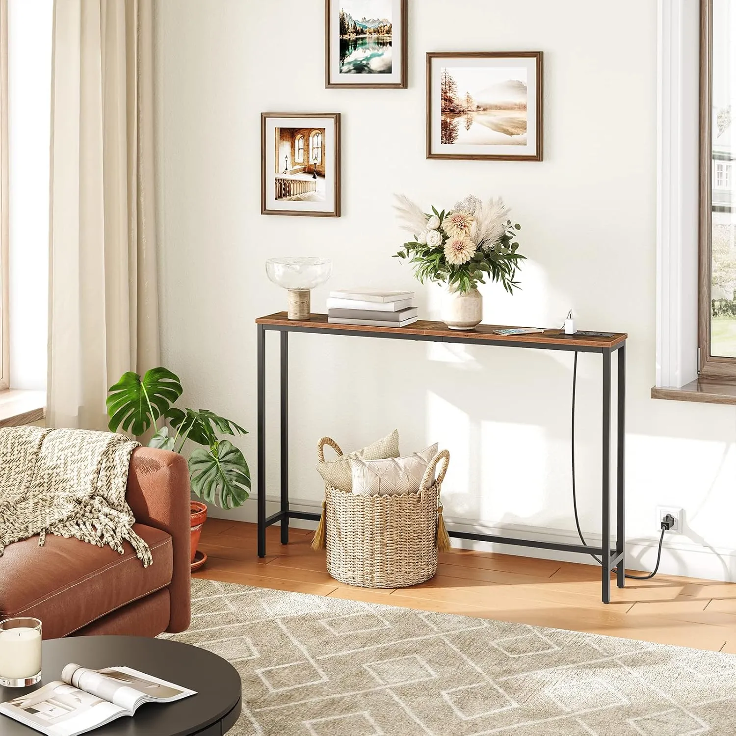 HOOBRO 47.2" Skinny Console Table with Power Outlets and USB Ports, Table with Charging Station, Narrow Sofa Table, Behind Couch Table, for Entryway, Hallway, Foyer, Rustic Brown BF15XG01G1