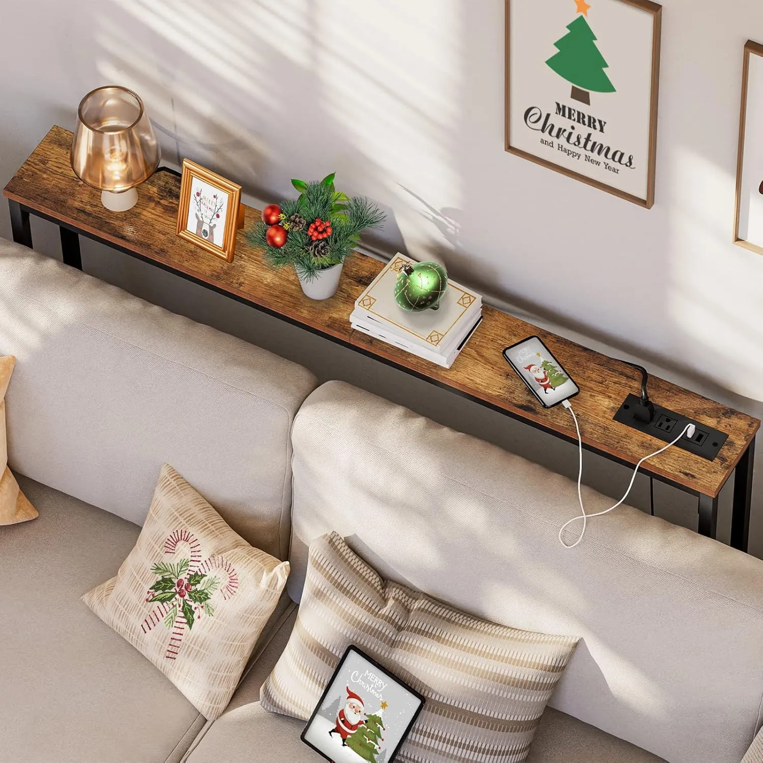 HOOBRO 47.2" Skinny Console Table with Power Outlets and USB Ports, Table with Charging Station, Narrow Sofa Table, Behind Couch Table, for Entryway, Hallway, Foyer, Rustic Brown BF15XG01G1