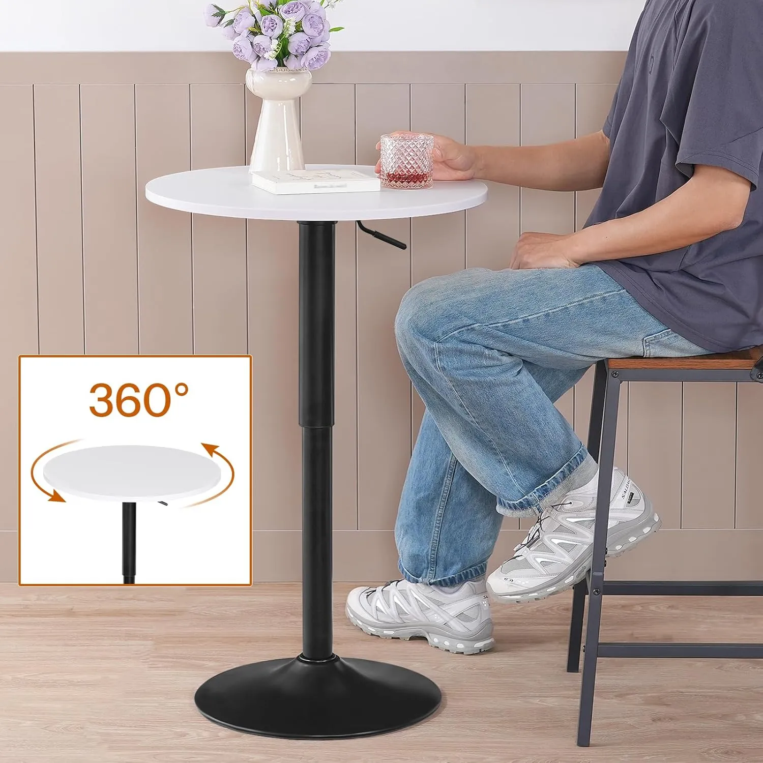 HOOBRO Bar Table, Height-Adjustable Round Pub Table 27-35.4 Inches with Sturdy Base, Modern Style, Easy to Assemble, Suitable for Small Space, White BW58BT01G1