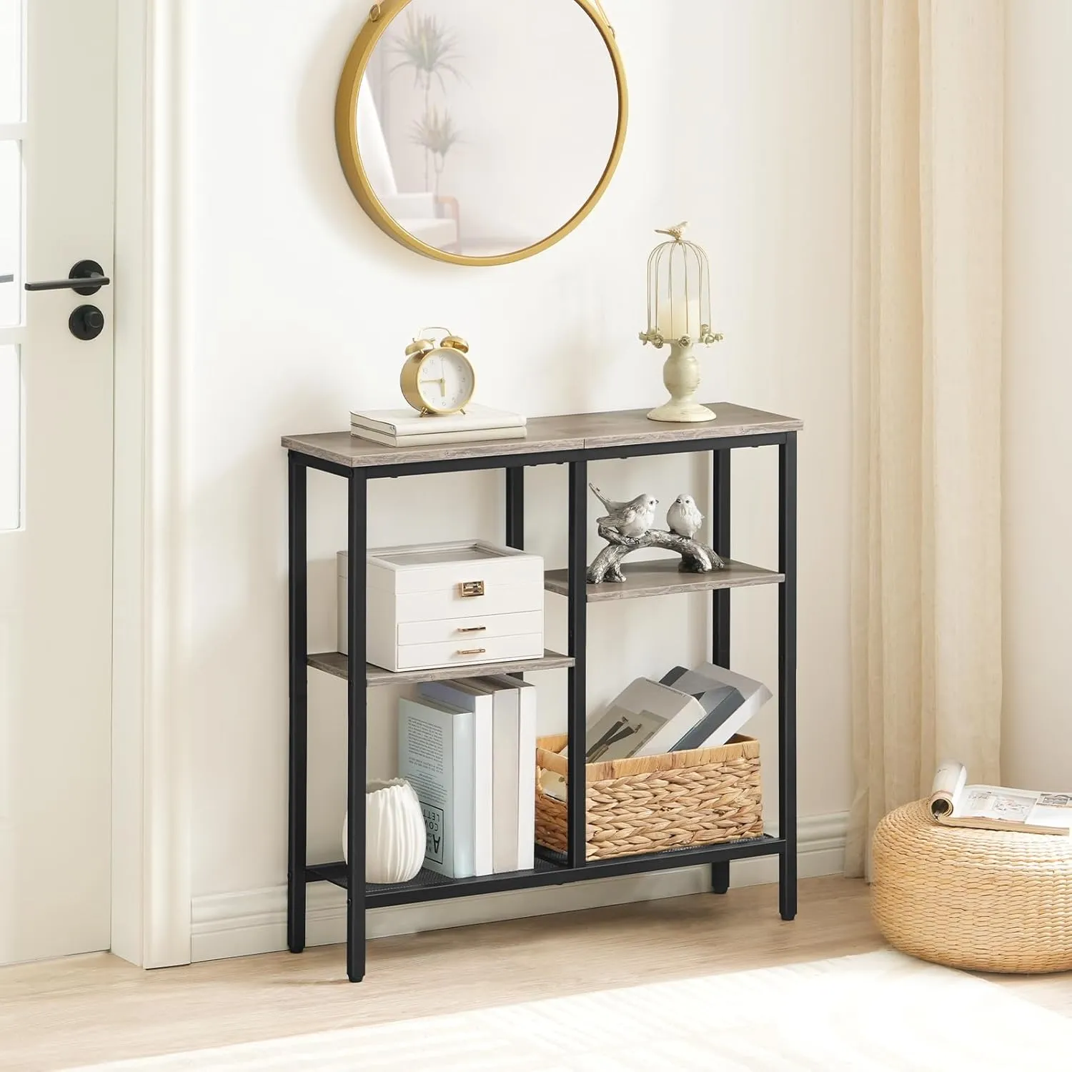 HOOBRO Console Table, Narrow Side Table, Sofa Table, 4-Tier Industrial Hallway Table with Metal Mesh Shelf and Adjustable Feet, for Entryway, Living Room, Hallway, Greige and Black BG79XG01