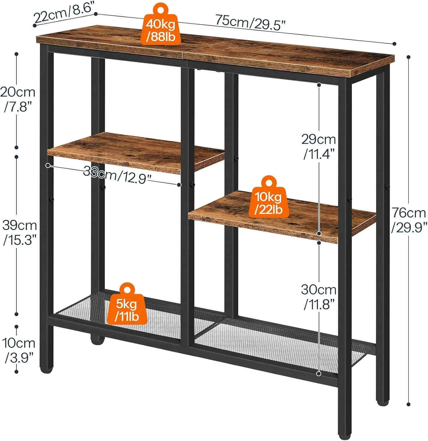 HOOBRO Console Table, Narrow Side Table, Sofa Table, 4-Tier Industrial Hallway Table with Metal Mesh Shelf and Adjustable Feet, for Entryway, Living Room, Hallway, Rustic Brown and Black BF79XG01