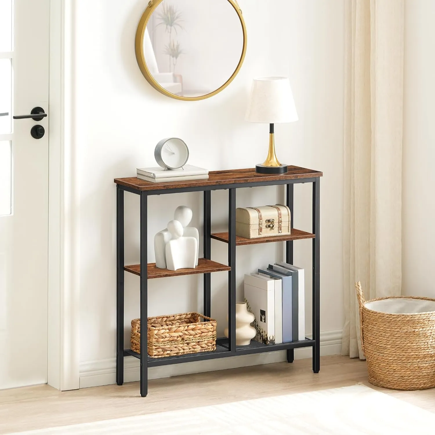 HOOBRO Console Table, Narrow Side Table, Sofa Table, 4-Tier Industrial Hallway Table with Metal Mesh Shelf and Adjustable Feet, for Entryway, Living Room, Hallway, Rustic Brown and Black BF79XG01