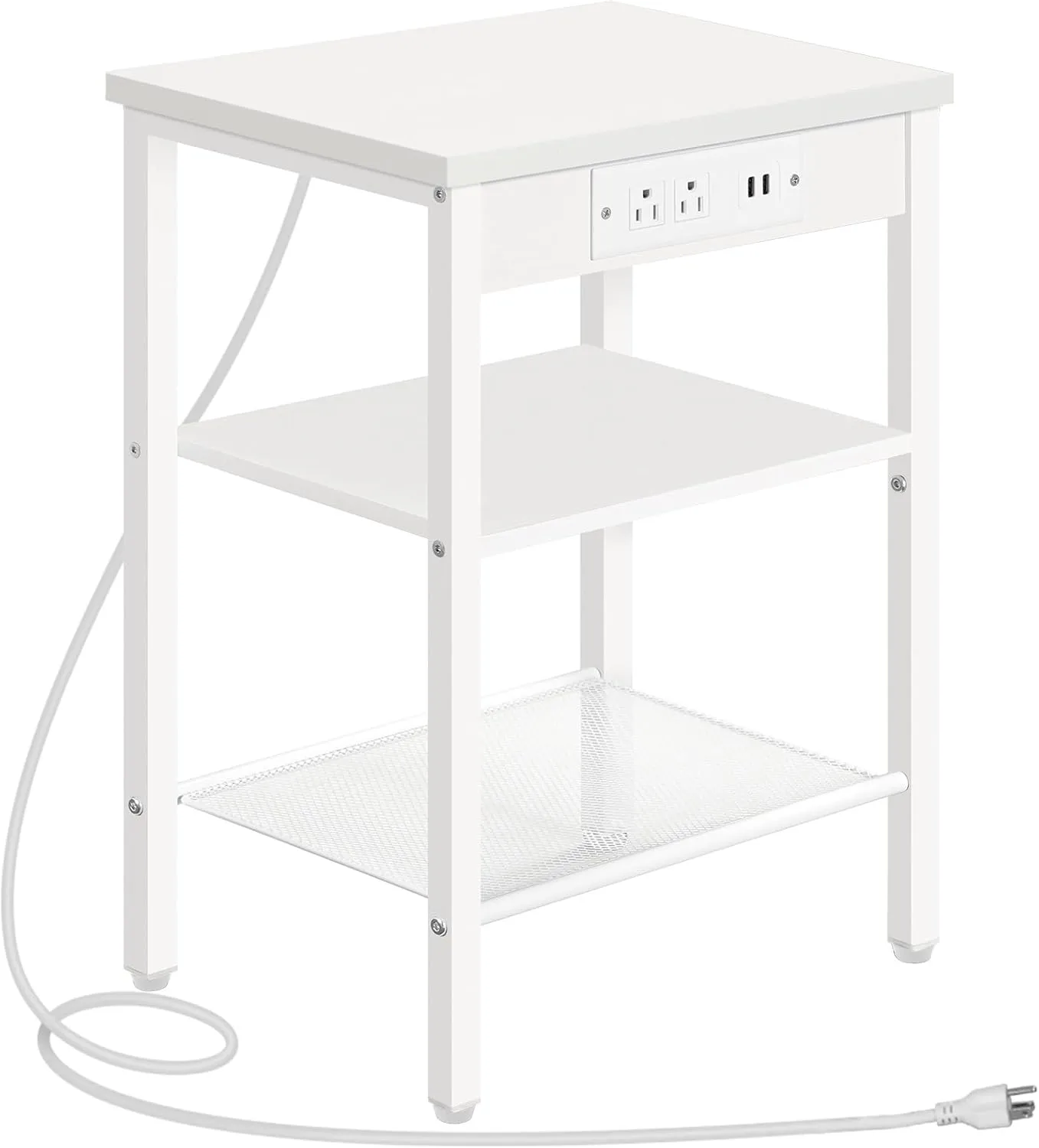 HOOBRO End Table with Charging Station and USB Ports, Small Side Table for Small Space, 3-Tier Nightstand with Adjustable Shelf, for Living Room, Bedroom and Balcony, White WW112BZ01