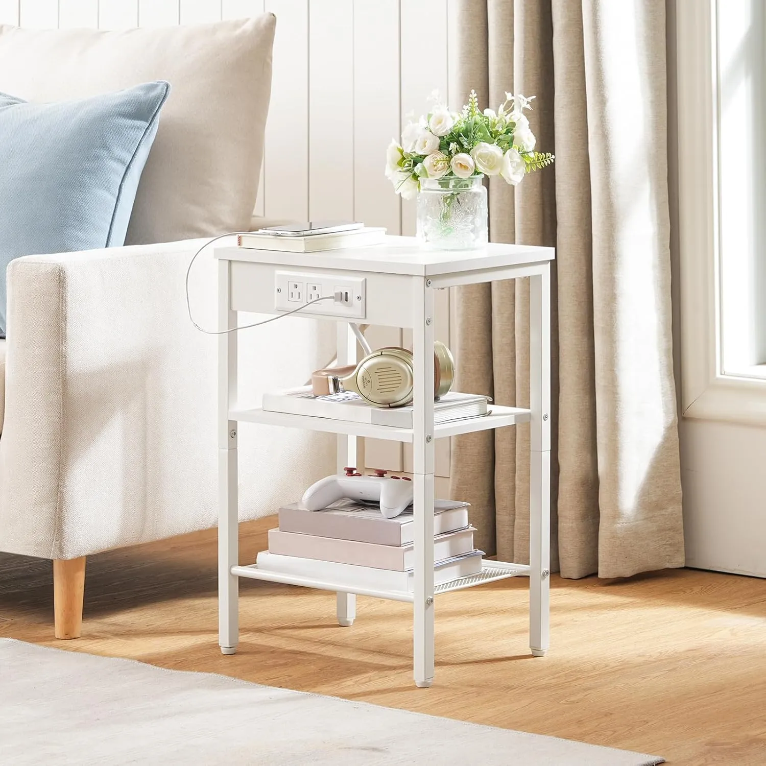 HOOBRO End Table with Charging Station and USB Ports, Small Side Table for Small Space, 3-Tier Nightstand with Adjustable Shelf, for Living Room, Bedroom and Balcony, White WW112BZ01