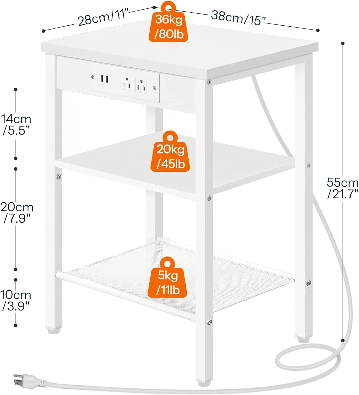 HOOBRO End Table with Charging Station and USB Ports, Small Side Table for Small Space, 3-Tier Nightstand with Adjustable Shelf, for Living Room, Bedroom and Balcony, White WW112BZ01