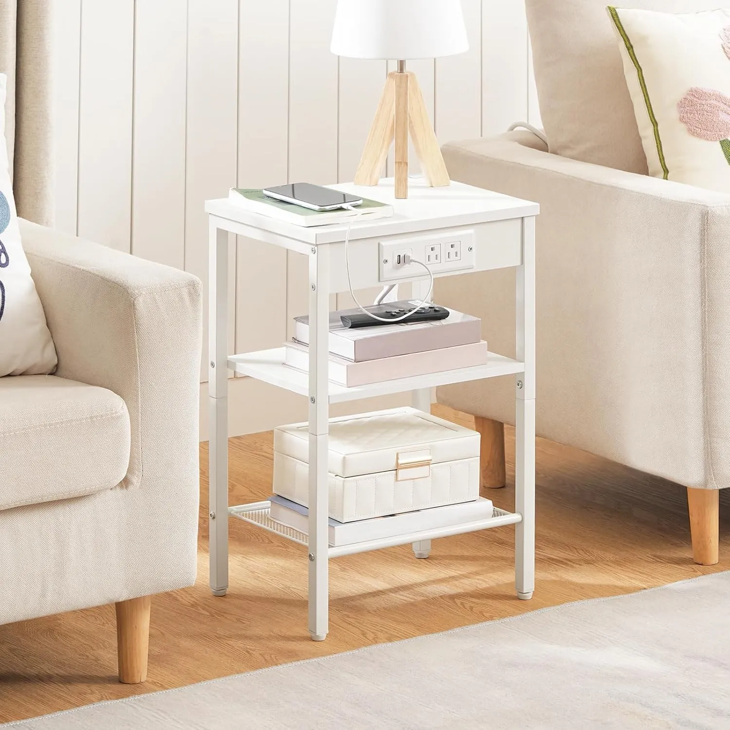 HOOBRO End Table with Charging Station and USB Ports, Small Side Table for Small Space, 3-Tier Nightstand with Adjustable Shelf, for Living Room, Bedroom and Balcony, White WW112BZ01