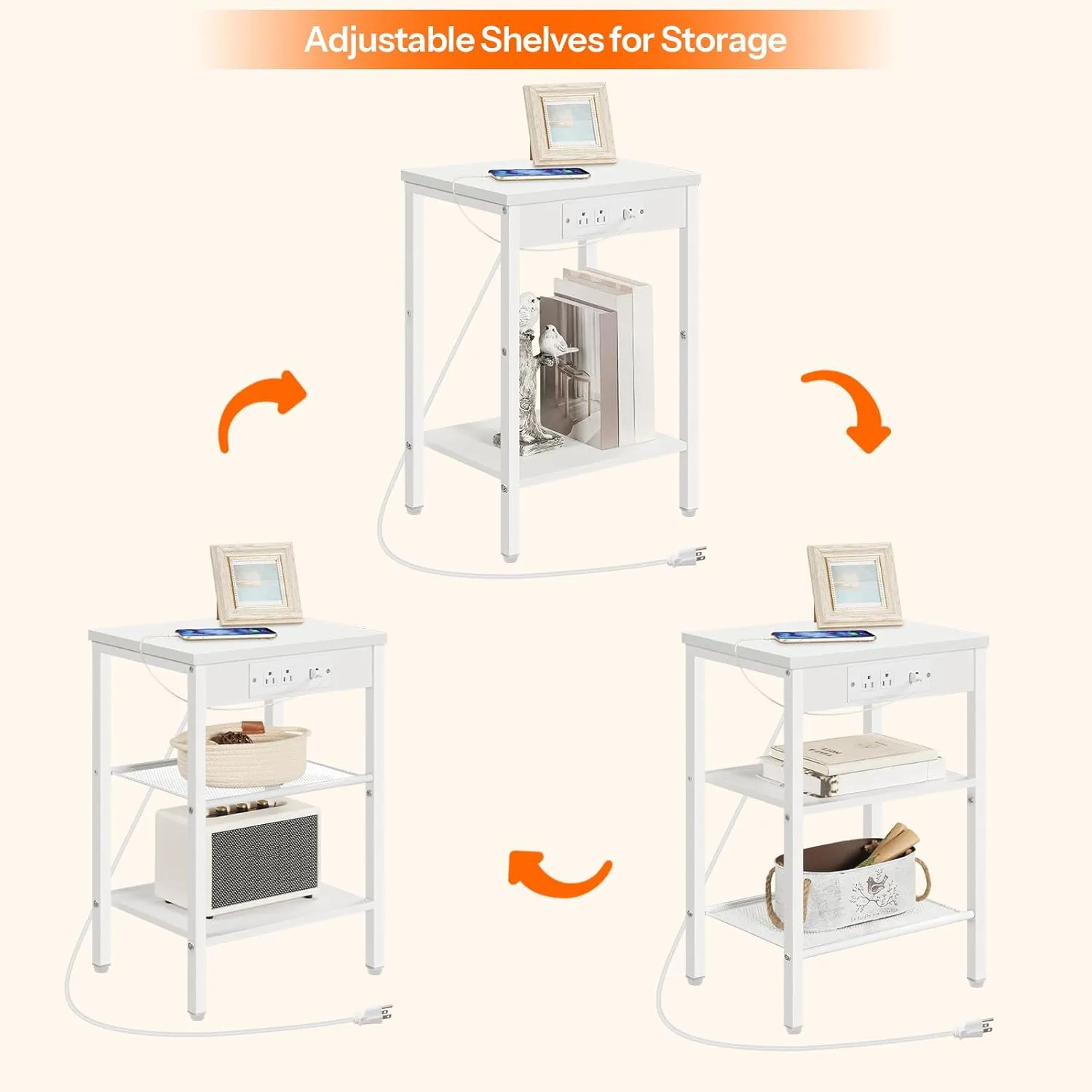 HOOBRO End Table with Charging Station and USB Ports, Small Side Table for Small Space, 3-Tier Nightstand with Adjustable Shelf, for Living Room, Bedroom and Balcony, White WW112BZ01