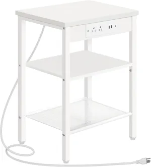 HOOBRO End Table with Charging Station and USB Ports, Small Side Table for Small Space, 3-Tier Nightstand with Adjustable Shelf, for Living Room, Bedroom and Balcony, White WW112BZ01