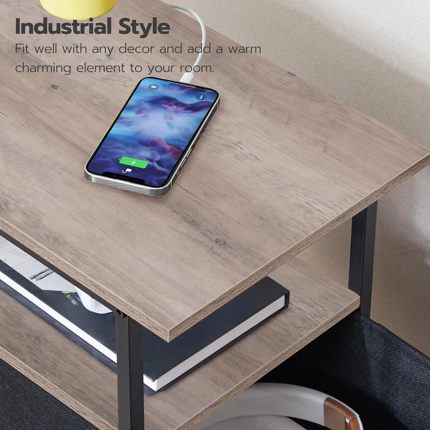 HOOBRO End Table with Charging Station, Narrow Side Table, Nightstand with 2 Non-Woven Drawers, Slim Sofa Side Table, for Small Spaces, Living Room, Bedroom, Greige and Black BG486UBZ01