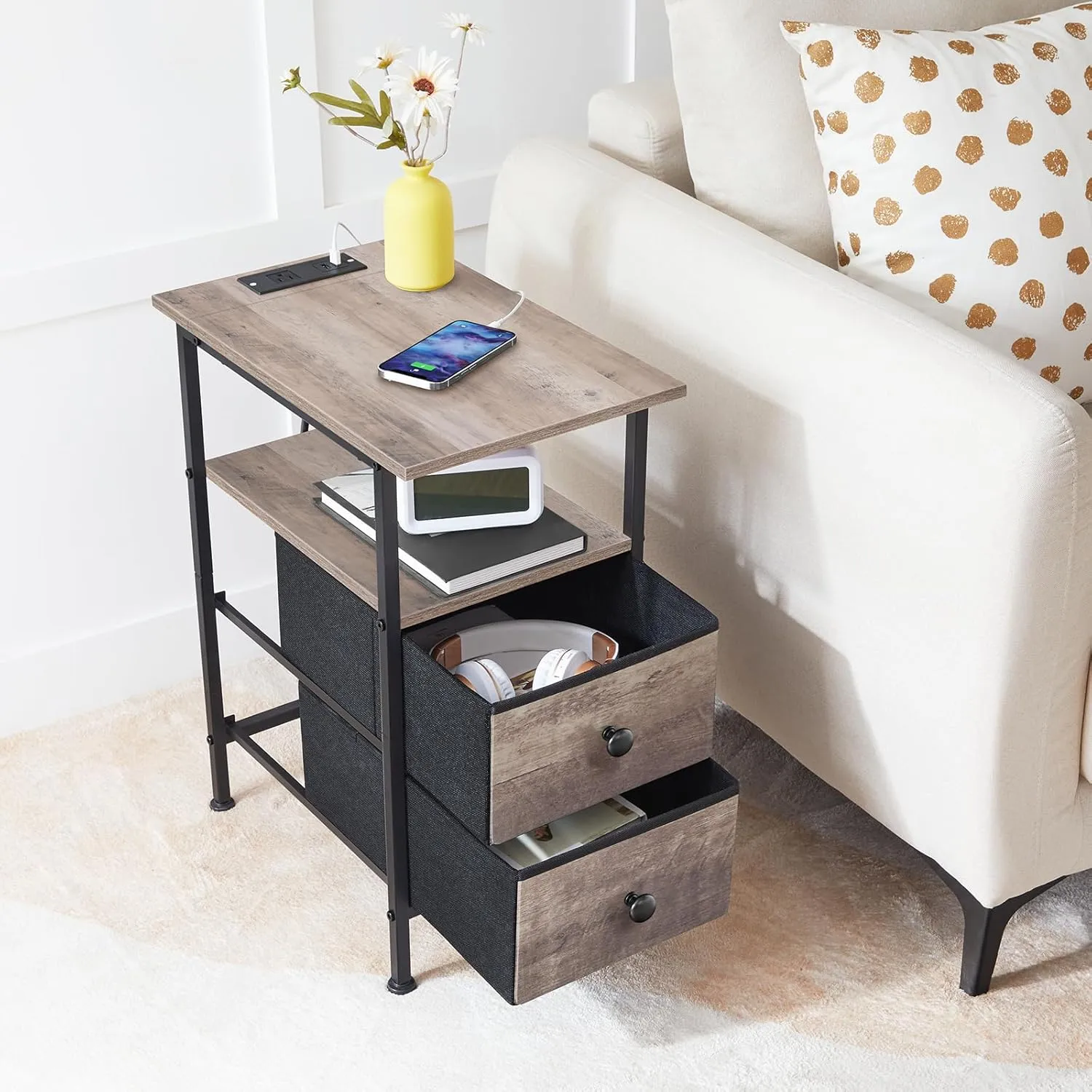 HOOBRO End Table with Charging Station, Narrow Side Table, Nightstand with 2 Non-Woven Drawers, Slim Sofa Side Table, for Small Spaces, Living Room, Bedroom, Greige and Black BG486UBZ01
