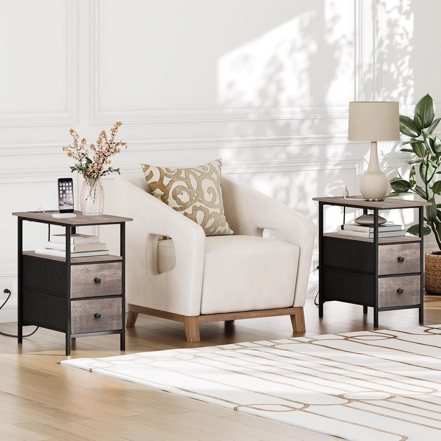 HOOBRO End Table with Charging Station, Narrow Side Table, Nightstand with 2 Non-Woven Drawers, Slim Sofa Side Table, for Small Spaces, Living Room, Bedroom, Greige and Black BG486UBZ01