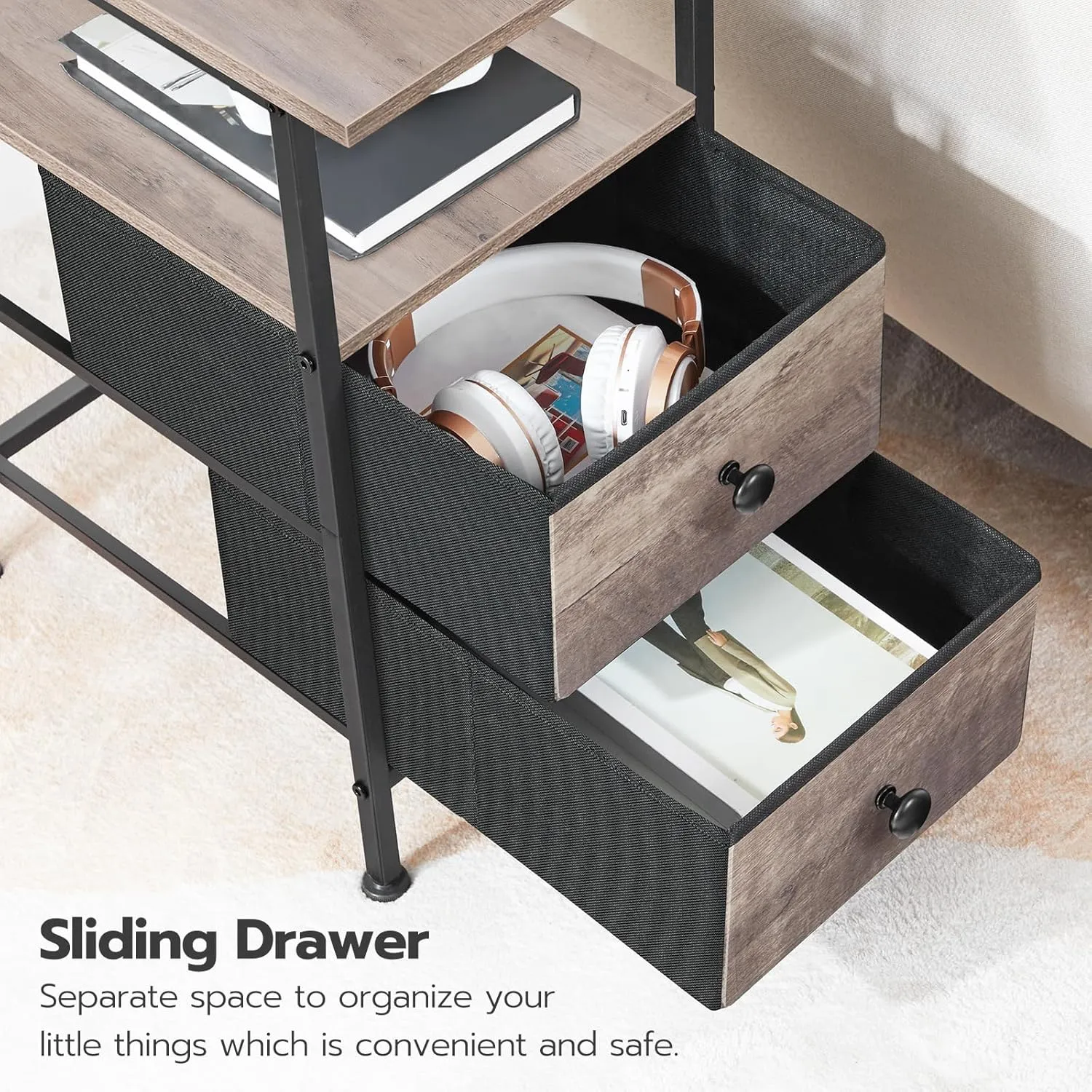 HOOBRO End Table with Charging Station, Narrow Side Table, Nightstand with 2 Non-Woven Drawers, Slim Sofa Side Table, for Small Spaces, Living Room, Bedroom, Greige and Black BG486UBZ01