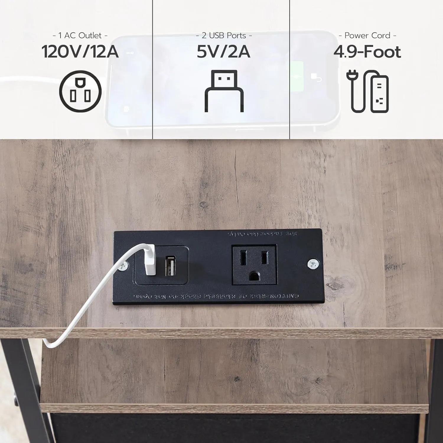 HOOBRO End Table with Charging Station, Narrow Side Table, Nightstand with 2 Non-Woven Drawers, Slim Sofa Side Table, for Small Spaces, Living Room, Bedroom, Greige and Black BG486UBZ01