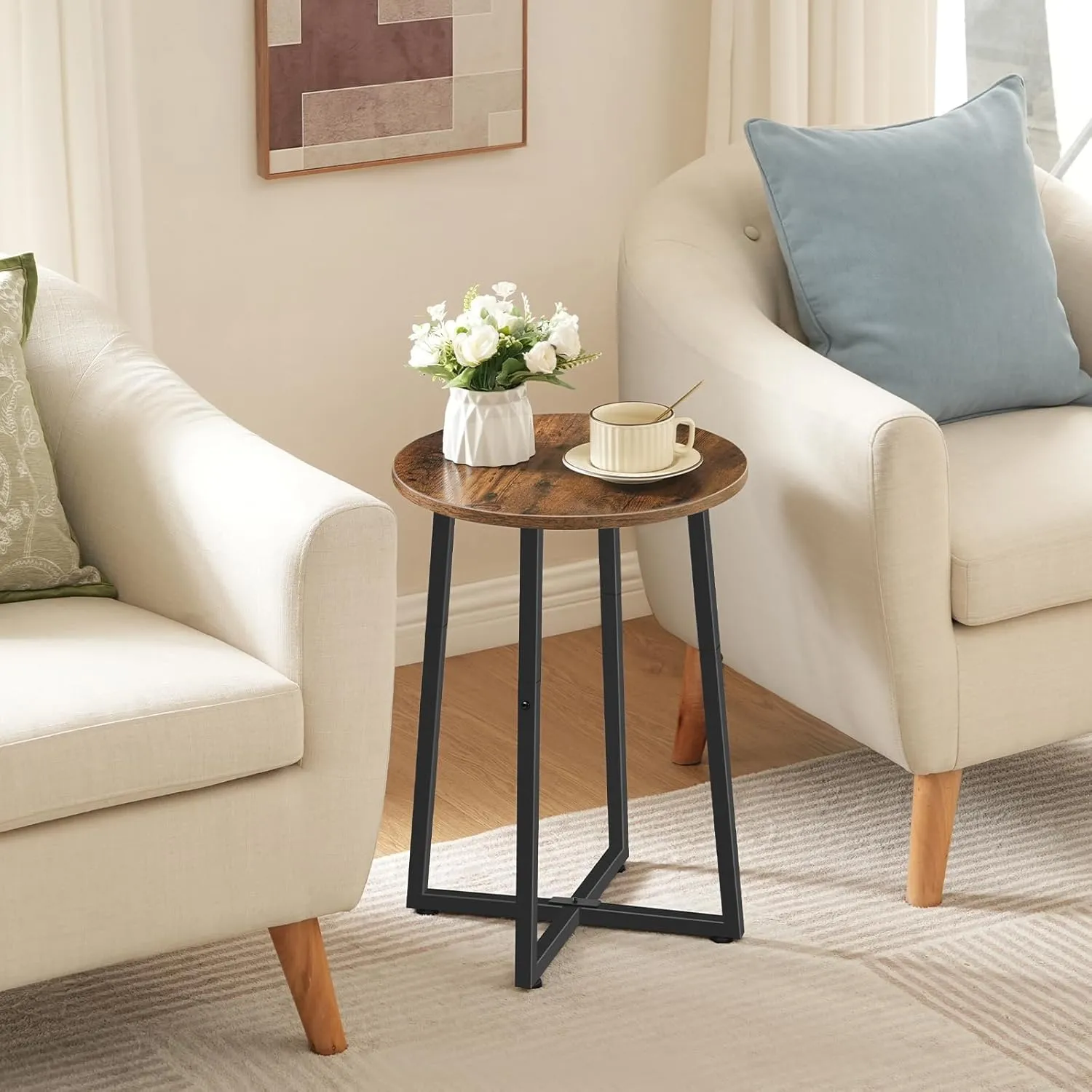 HOOBRO Side Table, Round End Accent Table with Sturdy X-Shaped Metal Frame, 15.7" Round Nightstand, for Living Room, Bedroom, Balcony, Office, Rustic Brown BF95BZ01