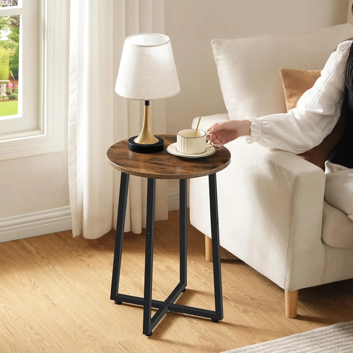 HOOBRO Side Table, Round End Accent Table with Sturdy X-Shaped Metal Frame, 15.7" Round Nightstand, for Living Room, Bedroom, Balcony, Office, Rustic Brown BF95BZ01