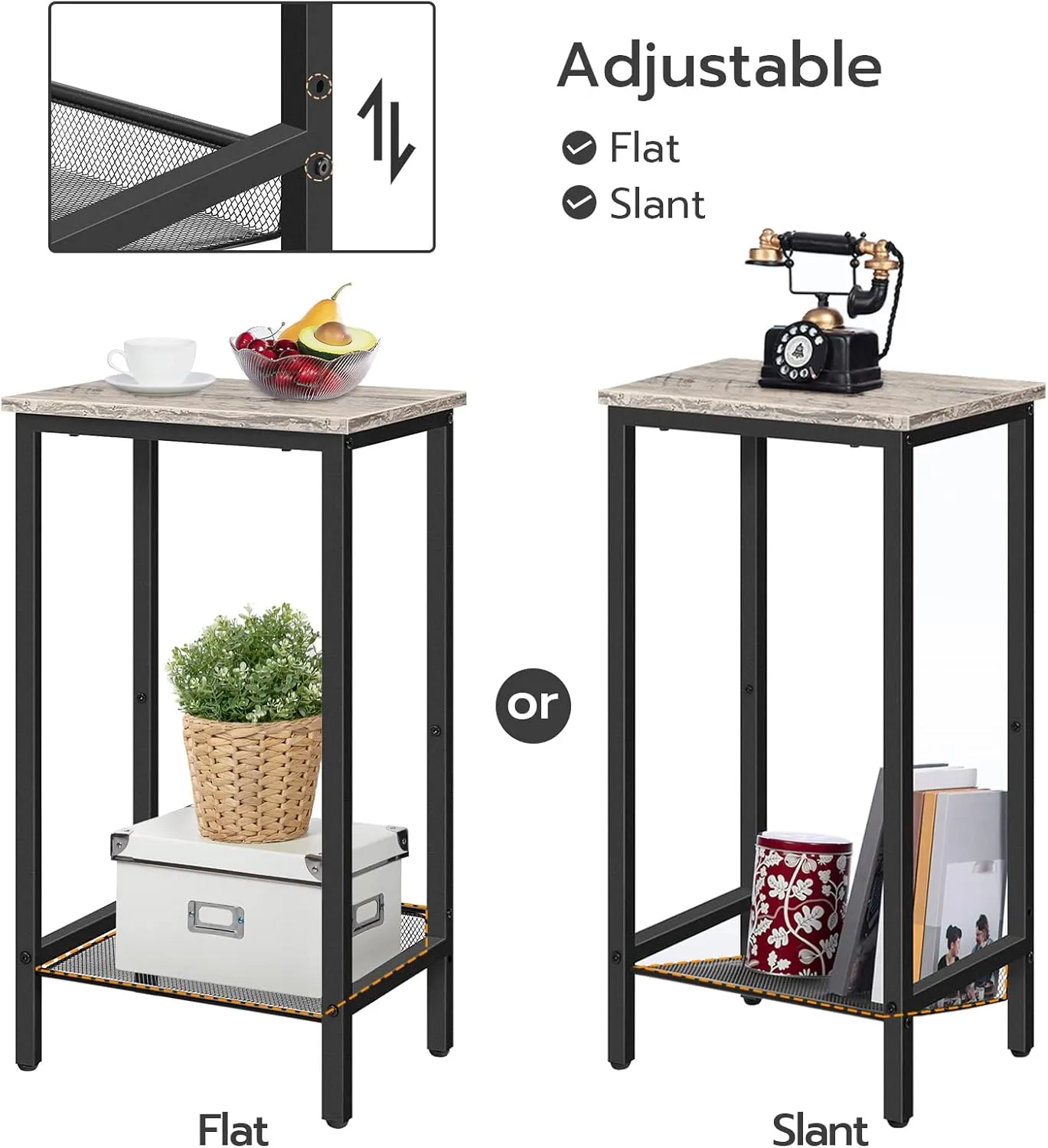 HOOBRO Tall Side Table, Industrial End Telephone Table with Adjustable Mesh Shelves, for Living Room, Bedroom, Entryway, Office, Greige BG03DH01