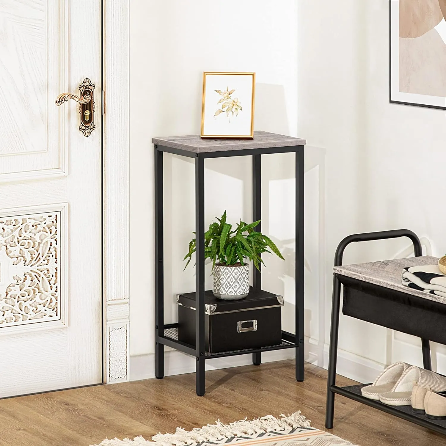 HOOBRO Tall Side Table, Industrial End Telephone Table with Adjustable Mesh Shelves, for Living Room, Bedroom, Entryway, Office, Greige BG03DH01