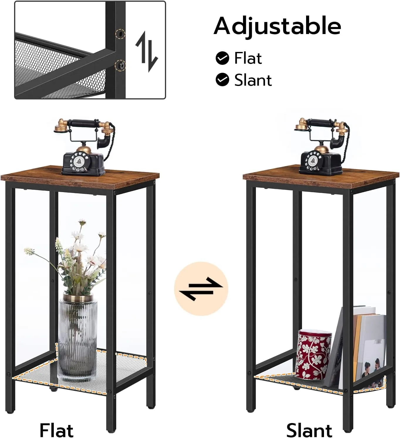 HOOBRO Tall Side Table, Industrial End Telephone Table with Adjustable Mesh Shelves, for Living Room, Bedroom, Entryway, Office, Rustic Brown and Black BF03DH01