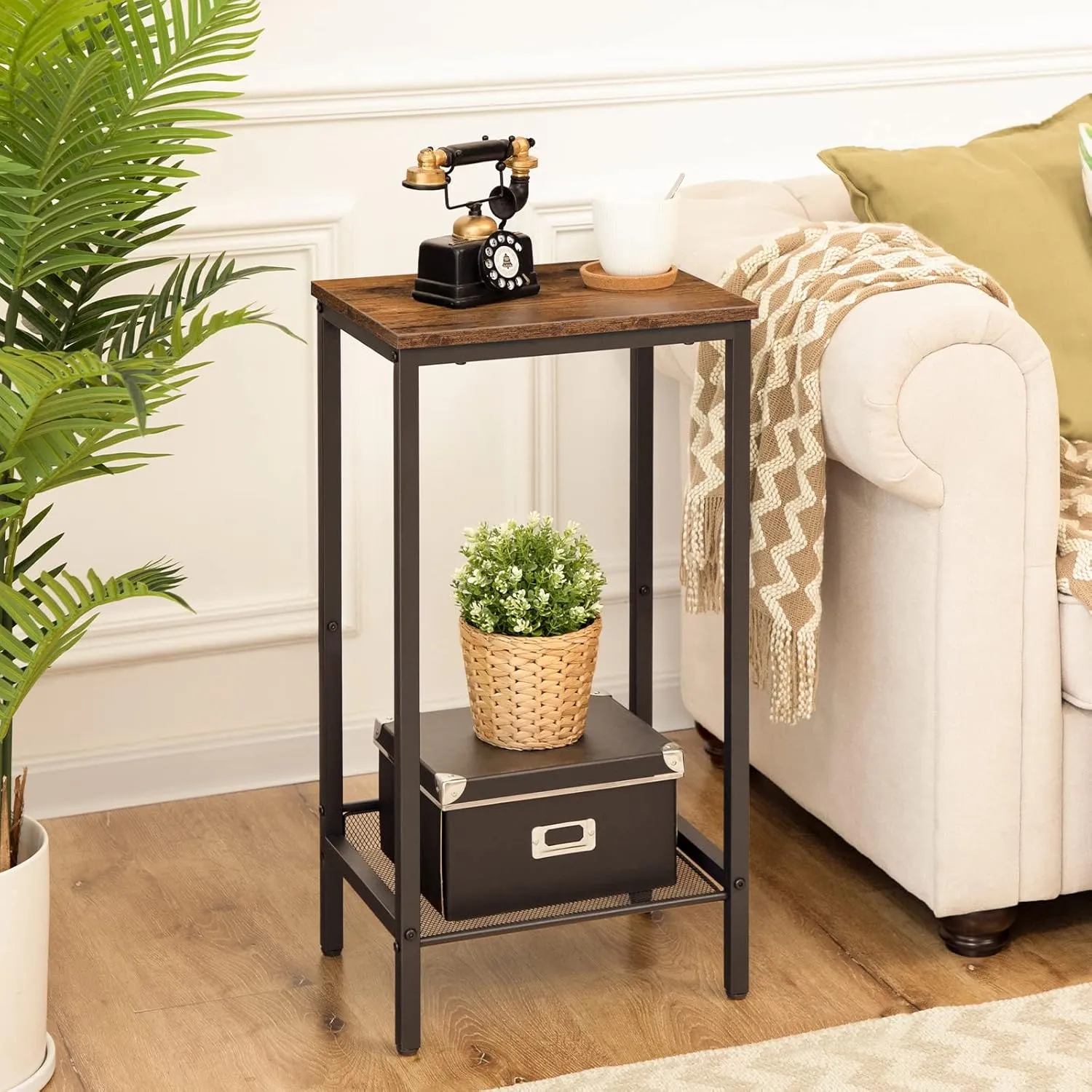 HOOBRO Tall Side Table, Industrial End Telephone Table with Adjustable Mesh Shelves, for Living Room, Bedroom, Entryway, Office, Rustic Brown and Black BF03DH01