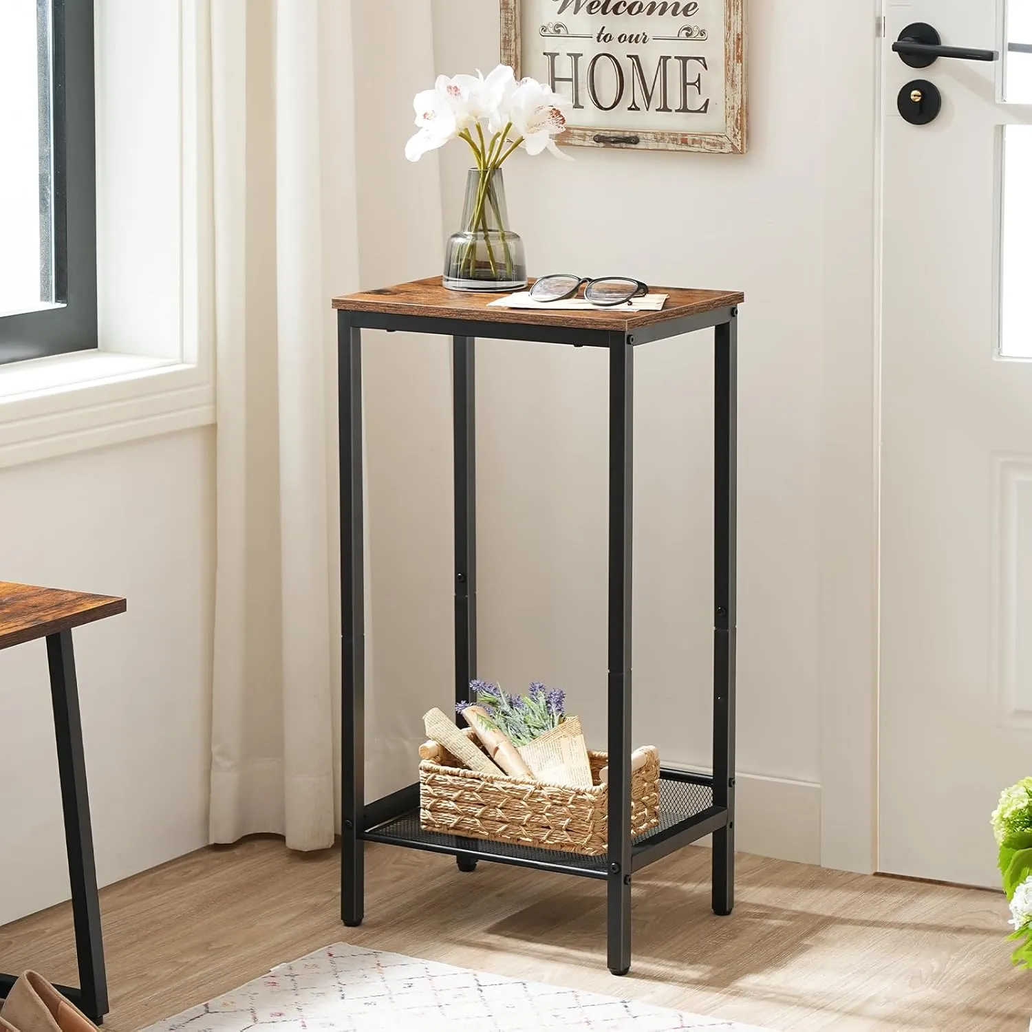 HOOBRO Tall Side Table, Industrial End Telephone Table with Adjustable Mesh Shelves, for Living Room, Bedroom, Entryway, Office, Rustic Brown and Black BF03DH01