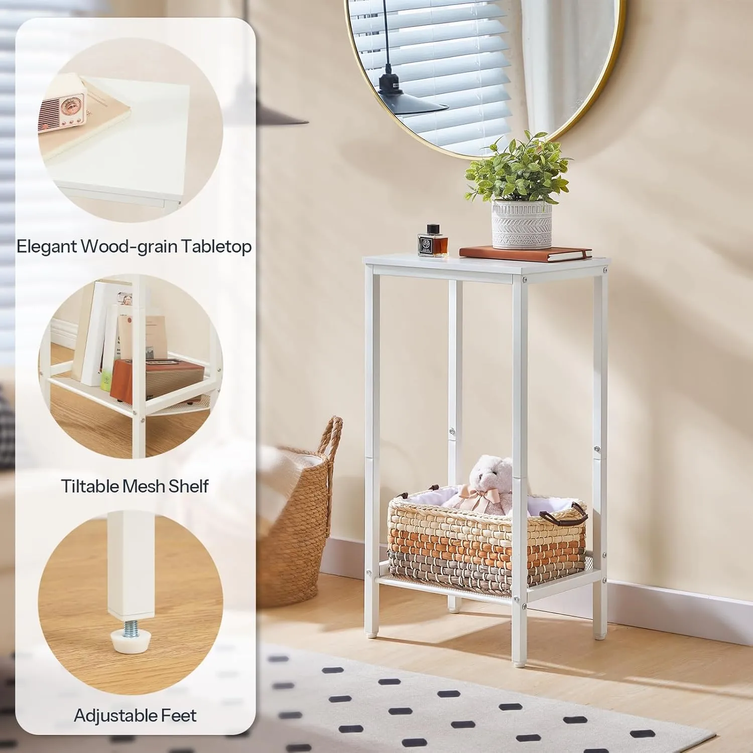 HOOBRO Tall Side Table, Industrial End Telephone Table with Adjustable Mesh Shelves, for Living Room, Bedroom, Entryway, Office, White WW03DH01