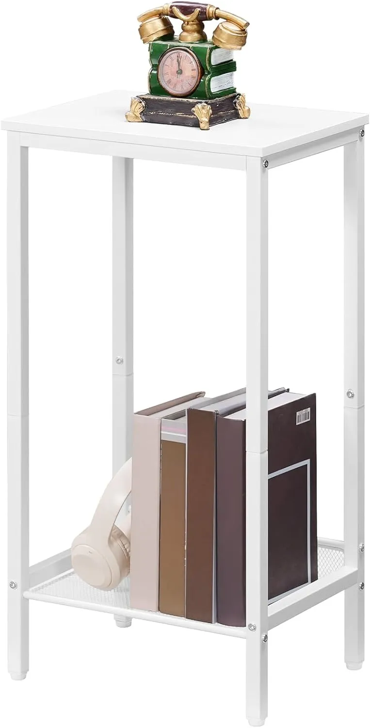 HOOBRO Tall Side Table, Industrial End Telephone Table with Adjustable Mesh Shelves, for Living Room, Bedroom, Entryway, Office, White WW03DH01