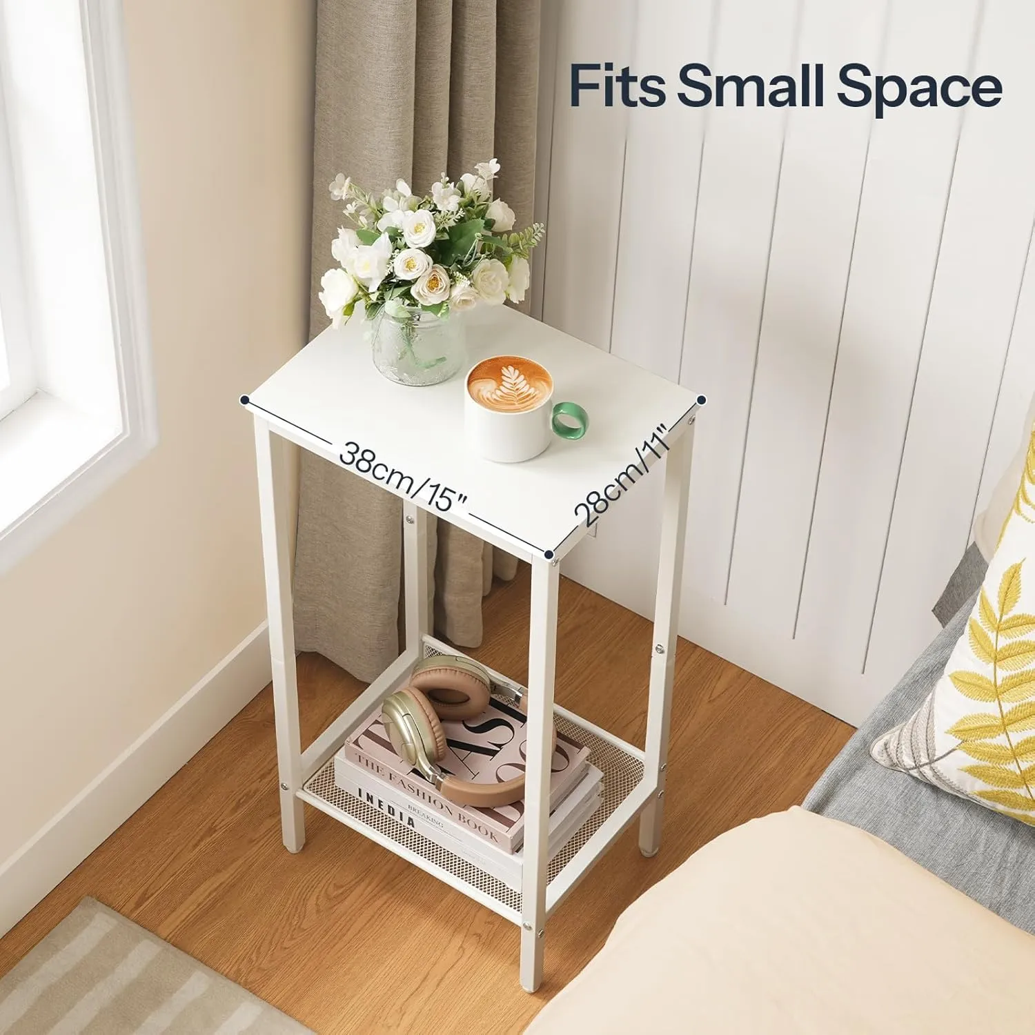 HOOBRO Tall Side Table, Industrial End Telephone Table with Adjustable Mesh Shelves, for Living Room, Bedroom, Entryway, Office, White WW03DH01