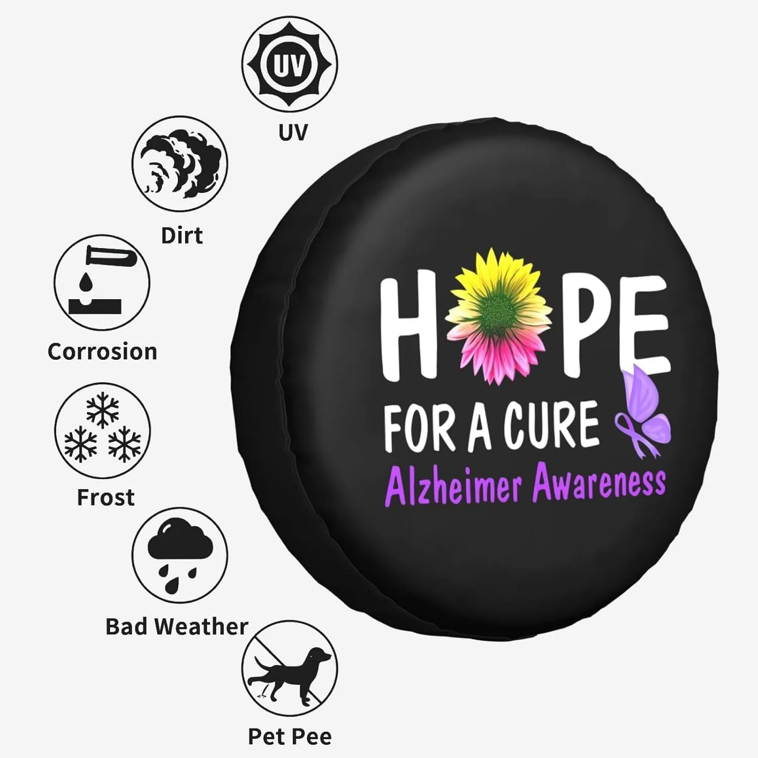 Hope for A Cure Alzheimer's Awareness Windproof and Rainproof Wheel hub Protection Cover, Spare tire Cover 17 inch