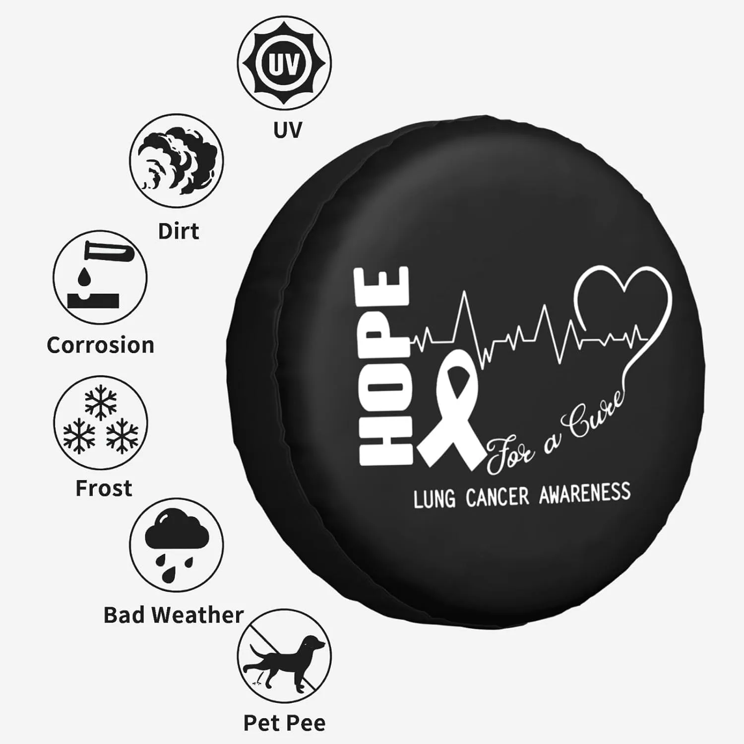 Hope for A Cure Lung Cancer Awareness Windproof and Rainproof Wheel hub Protection Cover, Spare tire Cover 17 inch