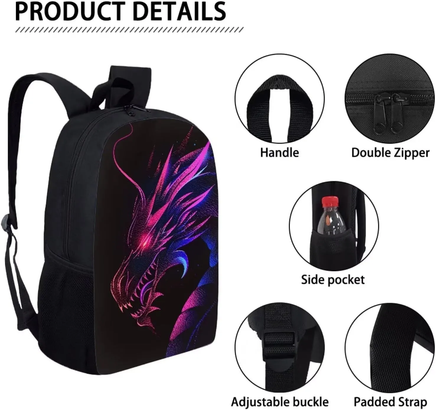 Howilath Cool Ghostly Dragon Print Boys Backpack with Lunch Bag, 17 Inch Backpack Set Teen Boys Shoulder Book Bag Middle School Backpack Pencil Case